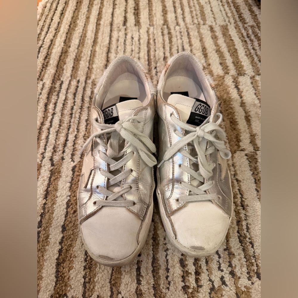 Golden Goose Silver and White Sneakers